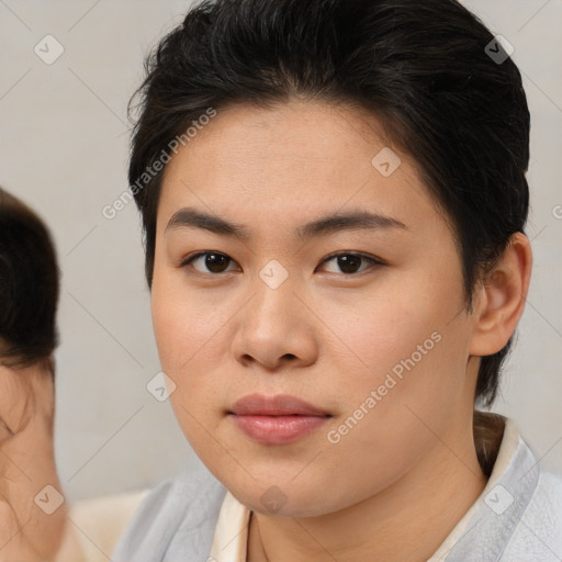 Joyful asian young-adult female with medium  brown hair and brown eyes