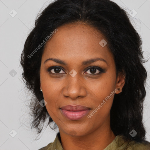 Joyful black young-adult female with medium  brown hair and brown eyes