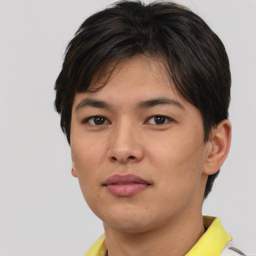 Neutral asian young-adult male with short  brown hair and brown eyes