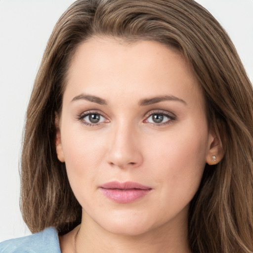 Neutral white young-adult female with long  brown hair and grey eyes