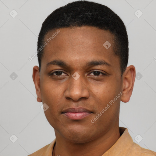 Neutral latino young-adult male with short  black hair and brown eyes