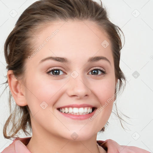 Joyful white young-adult female with medium  brown hair and blue eyes