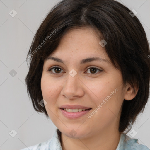 Joyful white young-adult female with medium  brown hair and brown eyes