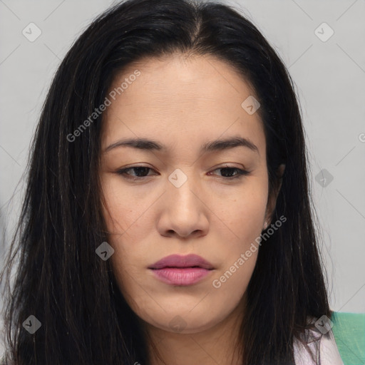 Joyful asian young-adult female with long  brown hair and brown eyes