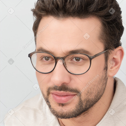 Neutral white young-adult male with short  brown hair and brown eyes