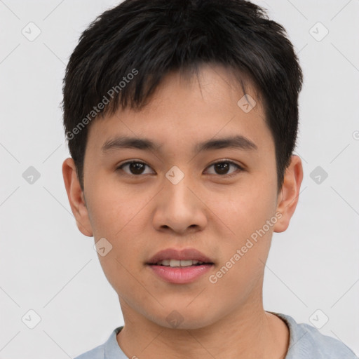 Neutral asian young-adult male with short  brown hair and brown eyes