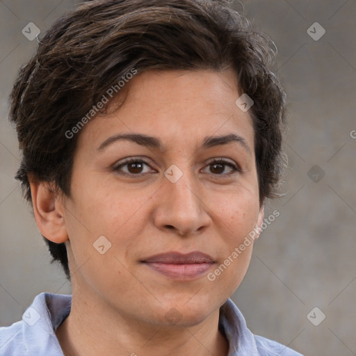 Joyful white adult female with short  brown hair and brown eyes