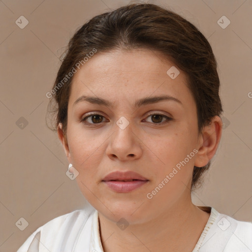 Neutral white young-adult female with short  brown hair and brown eyes