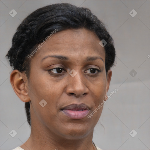 Joyful black adult female with short  brown hair and brown eyes