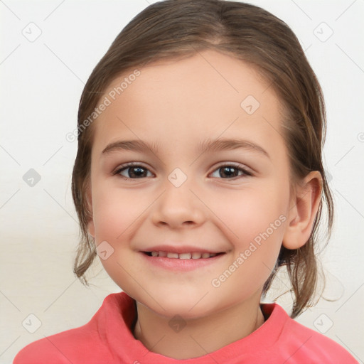 Joyful white child female with medium  brown hair and brown eyes