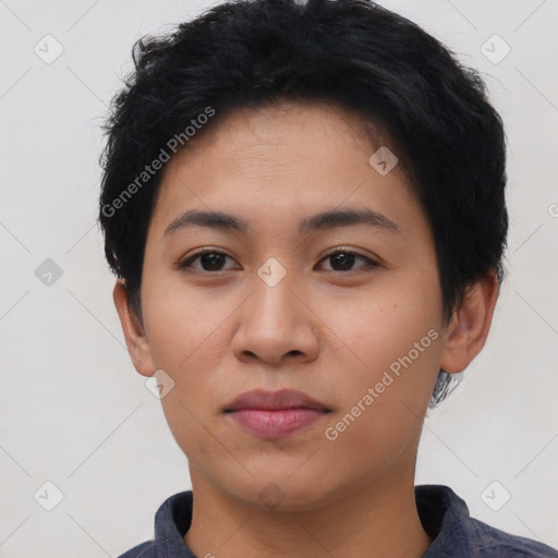 Neutral asian young-adult female with short  brown hair and brown eyes