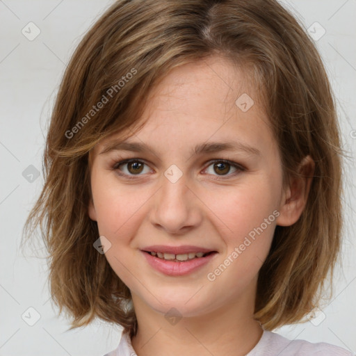 Joyful white young-adult female with medium  brown hair and green eyes