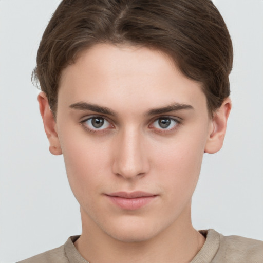 Neutral white young-adult female with short  brown hair and brown eyes