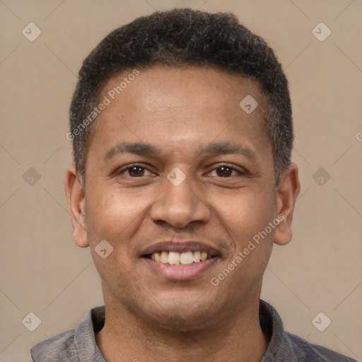 Joyful latino adult male with short  brown hair and brown eyes