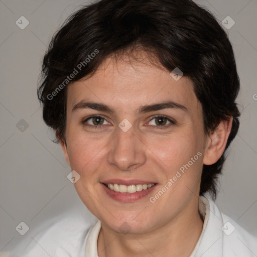 Joyful white young-adult female with medium  brown hair and brown eyes