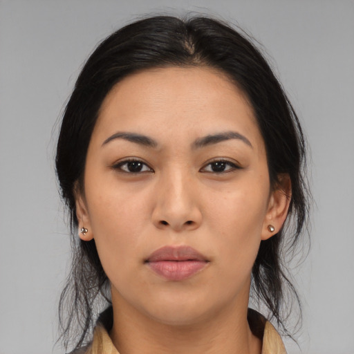Neutral asian young-adult female with medium  black hair and brown eyes