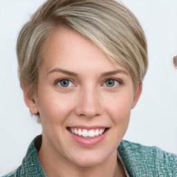 Joyful white young-adult female with medium  brown hair and blue eyes