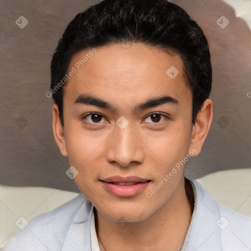 Joyful white young-adult male with short  black hair and brown eyes