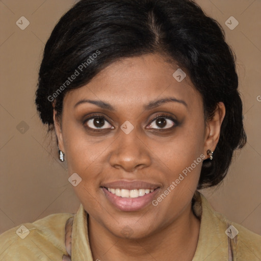 Joyful latino young-adult female with medium  brown hair and brown eyes