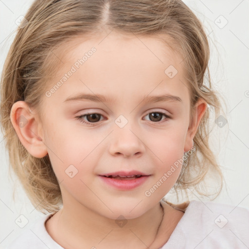 Joyful white child female with medium  brown hair and brown eyes