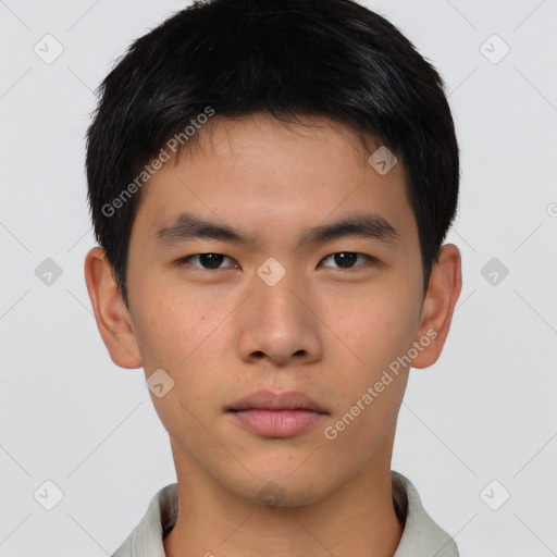 Neutral asian young-adult male with short  brown hair and brown eyes