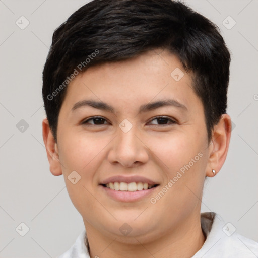 Joyful white young-adult female with short  brown hair and brown eyes