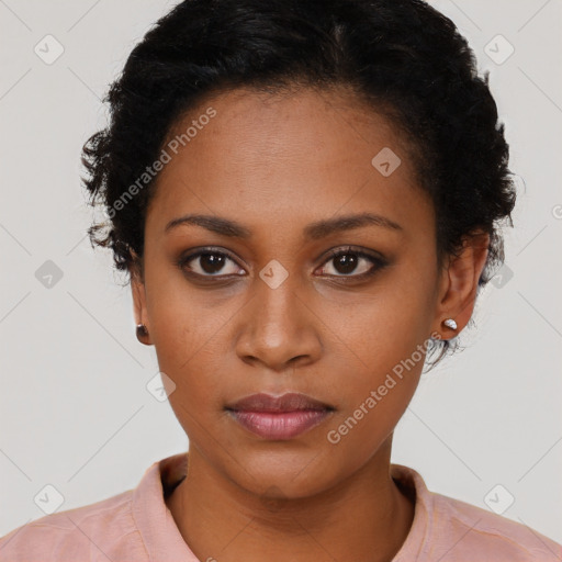 Neutral black young-adult female with short  black hair and brown eyes