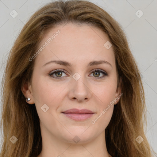 Joyful white young-adult female with long  brown hair and green eyes