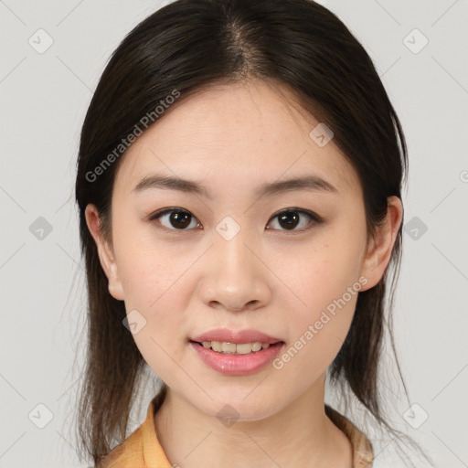 Joyful white young-adult female with medium  brown hair and brown eyes