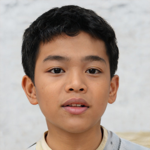Joyful asian child male with short  brown hair and brown eyes
