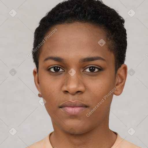 Neutral black young-adult female with short  brown hair and brown eyes