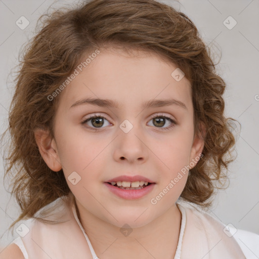 Joyful white child female with medium  brown hair and brown eyes