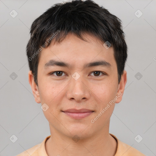 Joyful white young-adult male with short  black hair and brown eyes