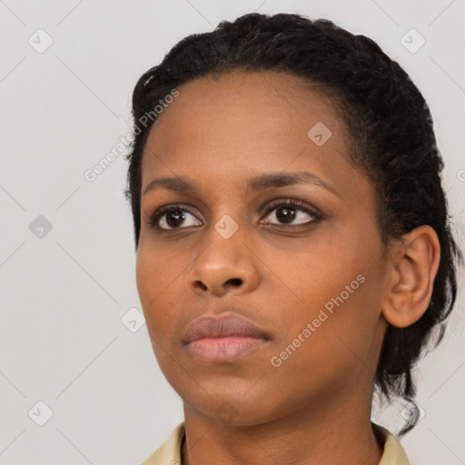 Neutral black young-adult female with short  brown hair and brown eyes