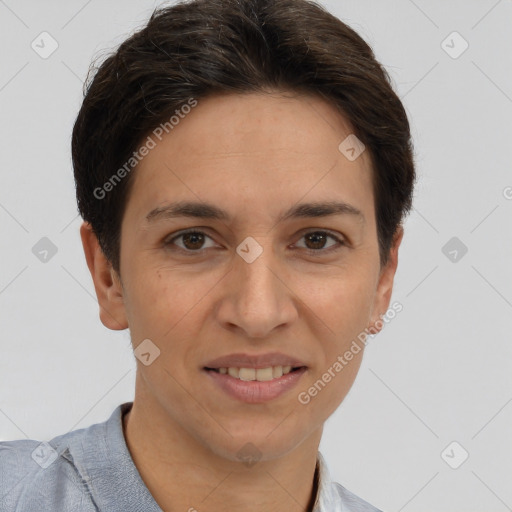 Joyful white adult female with short  brown hair and brown eyes