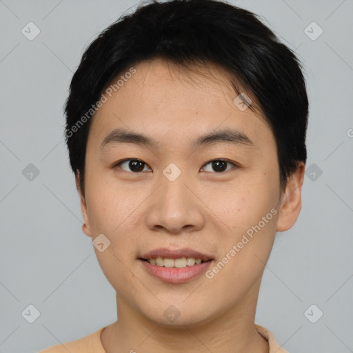 Joyful asian young-adult female with short  black hair and brown eyes