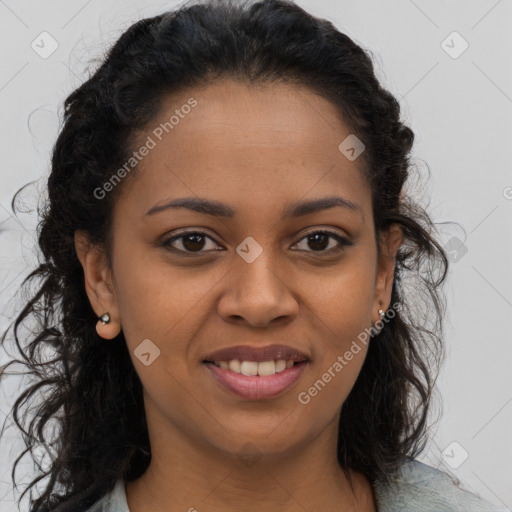 Joyful black young-adult female with long  brown hair and brown eyes