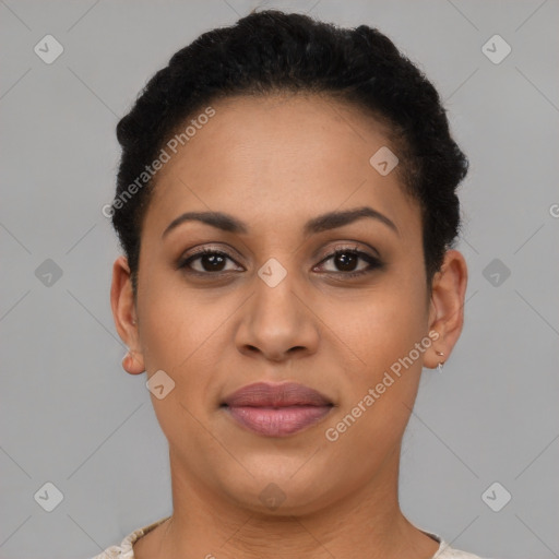 Joyful latino young-adult female with short  brown hair and brown eyes