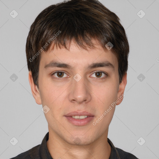 Neutral white young-adult male with short  brown hair and brown eyes