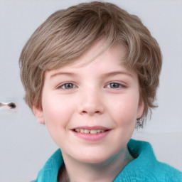 Joyful white child female with medium  brown hair and grey eyes