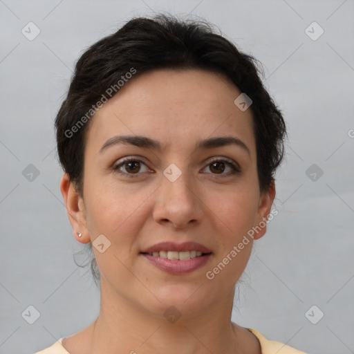 Joyful white young-adult female with short  brown hair and brown eyes