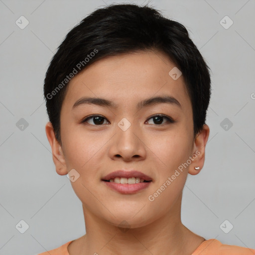 Joyful asian young-adult female with short  brown hair and brown eyes