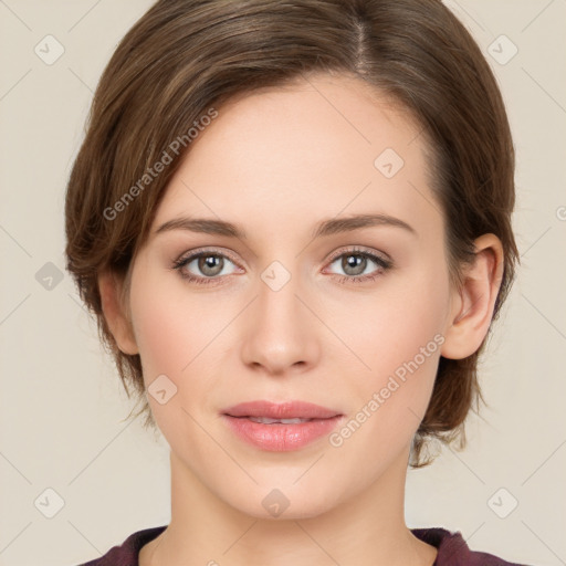 Joyful white young-adult female with medium  brown hair and green eyes