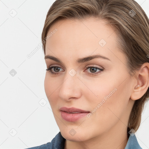 Neutral white young-adult female with medium  brown hair and grey eyes