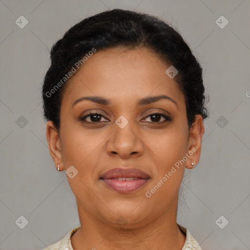 Joyful latino young-adult female with short  brown hair and brown eyes