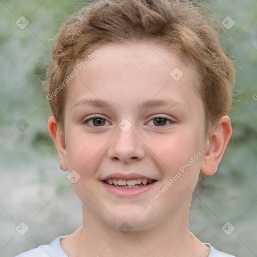 Joyful white child female with short  brown hair and brown eyes