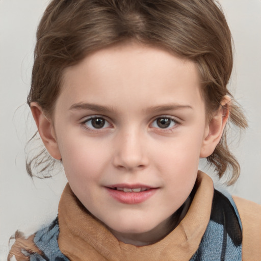 Joyful white child female with medium  brown hair and grey eyes