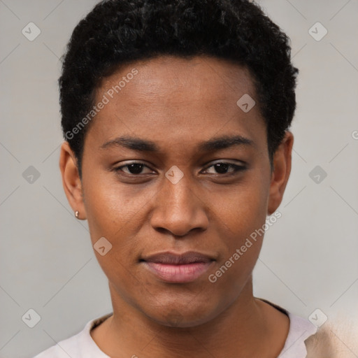 Joyful black young-adult female with short  black hair and brown eyes