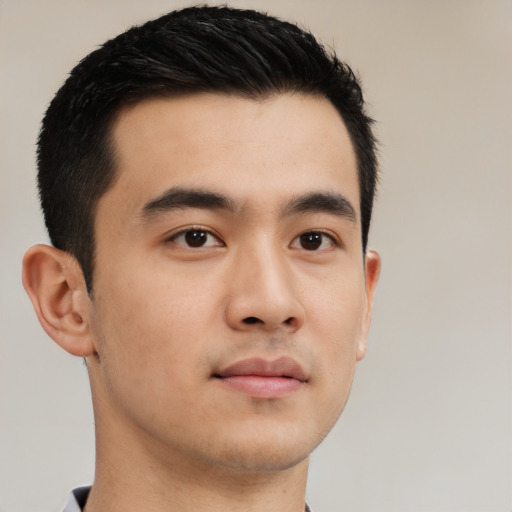 Neutral asian young-adult male with short  black hair and brown eyes