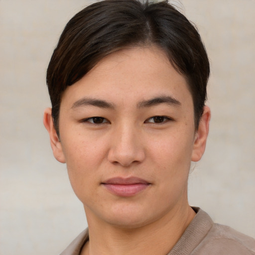 Neutral asian young-adult female with short  brown hair and brown eyes